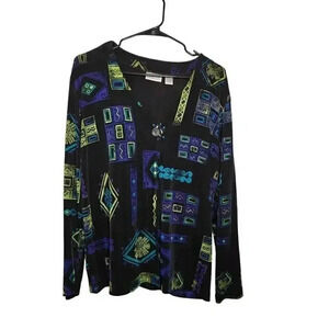 Vtg Chicos Women Large (12)Women Black Slinky Cardigan Aztec Ethnic Tribal Print
